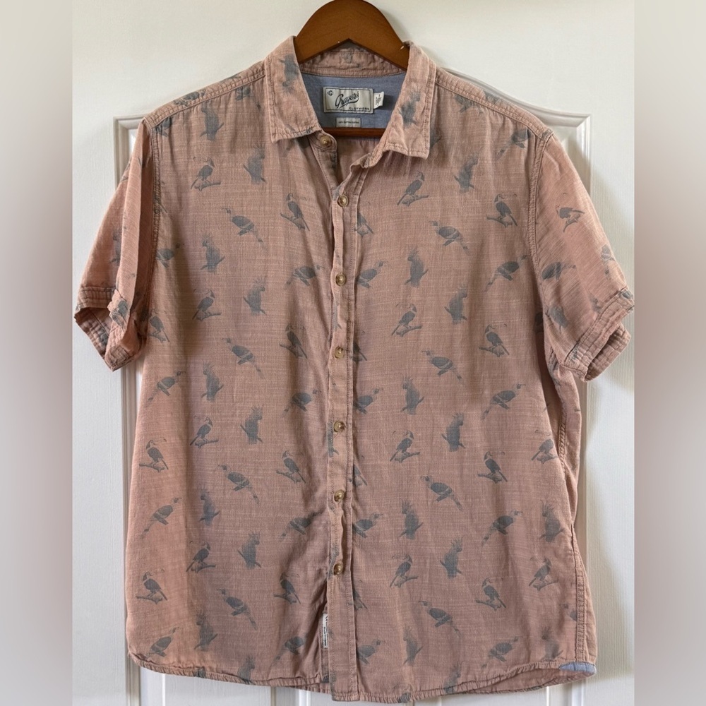EUC Grayers Bird Print Linen-Blend Shirt Peach Tan Casual Short Sleeve L Soft